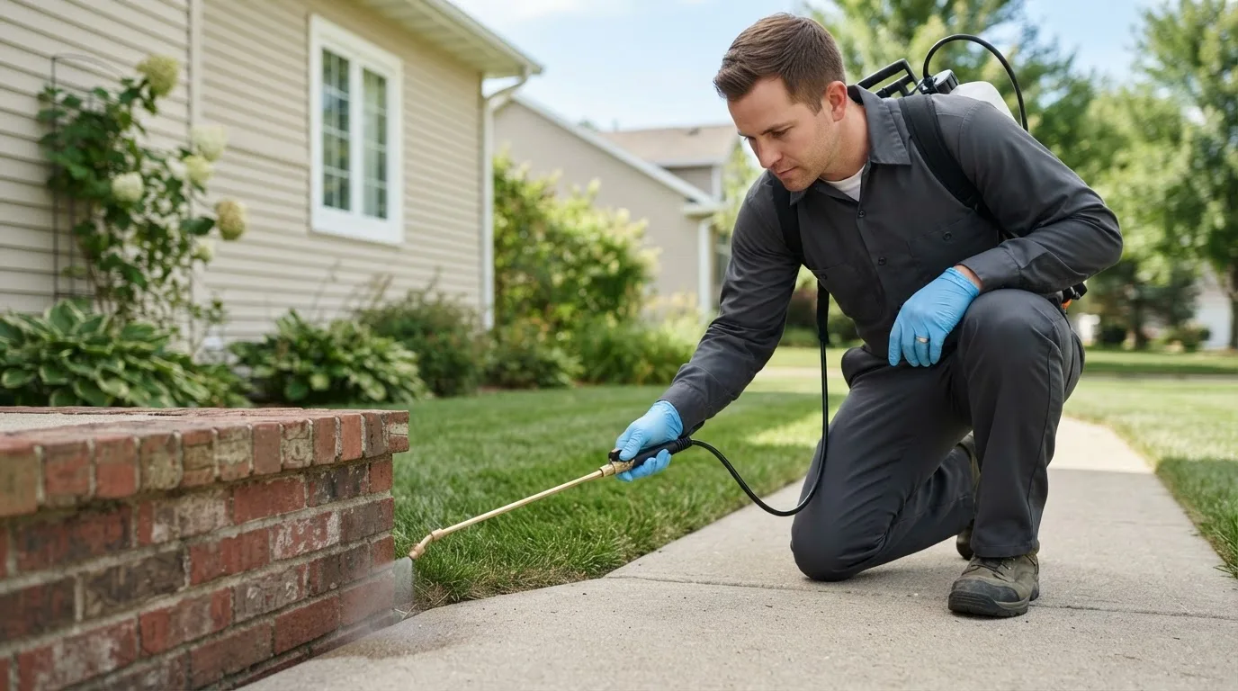 Pest control technician treating a home near Dustin, OK