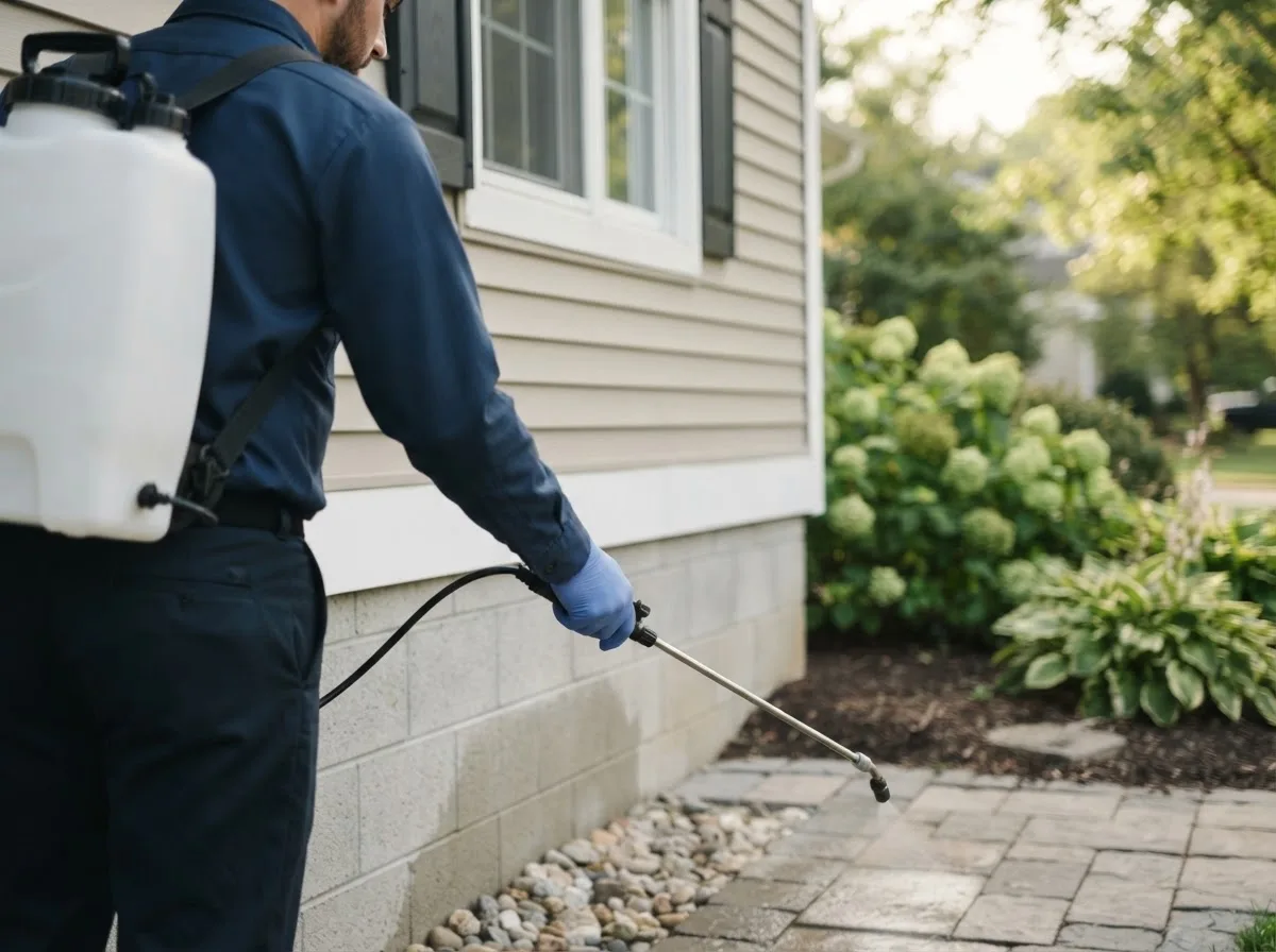 Pest control technician inspecting a home in Dustin, OK